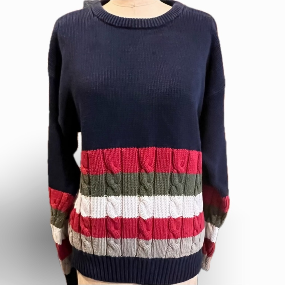 Vintage cable knit‎ sweater crewneck multicolor stripes 100% cotton  80s 80s